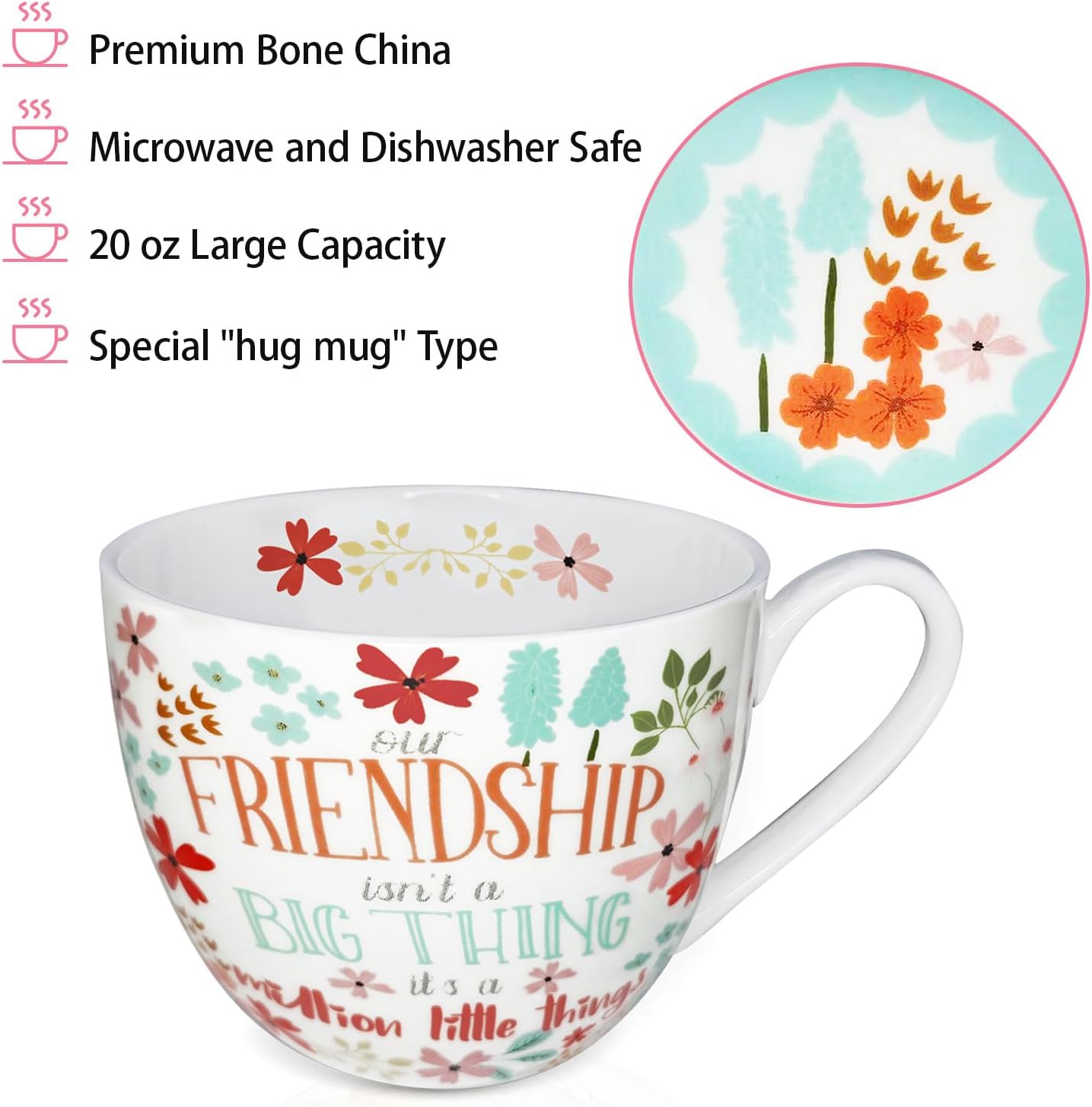 Friendship Coffee Mug, Premium 20 oz Bone China Coffee Tea Hug Mug, Perfect Birthday, Holiday, and Christmas Gift for Women and Female Friends, Designed in England by Harvest Green Studio