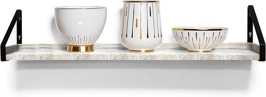 InPlace Wall Mounted Shelf, 36" x5" x 6.1", Rustic Real Wood Bracket Ledge, Distressed White Finish, Heavy-Duty Floating Shelf for Living Room, Bathroom, or Kitchen 9602098E