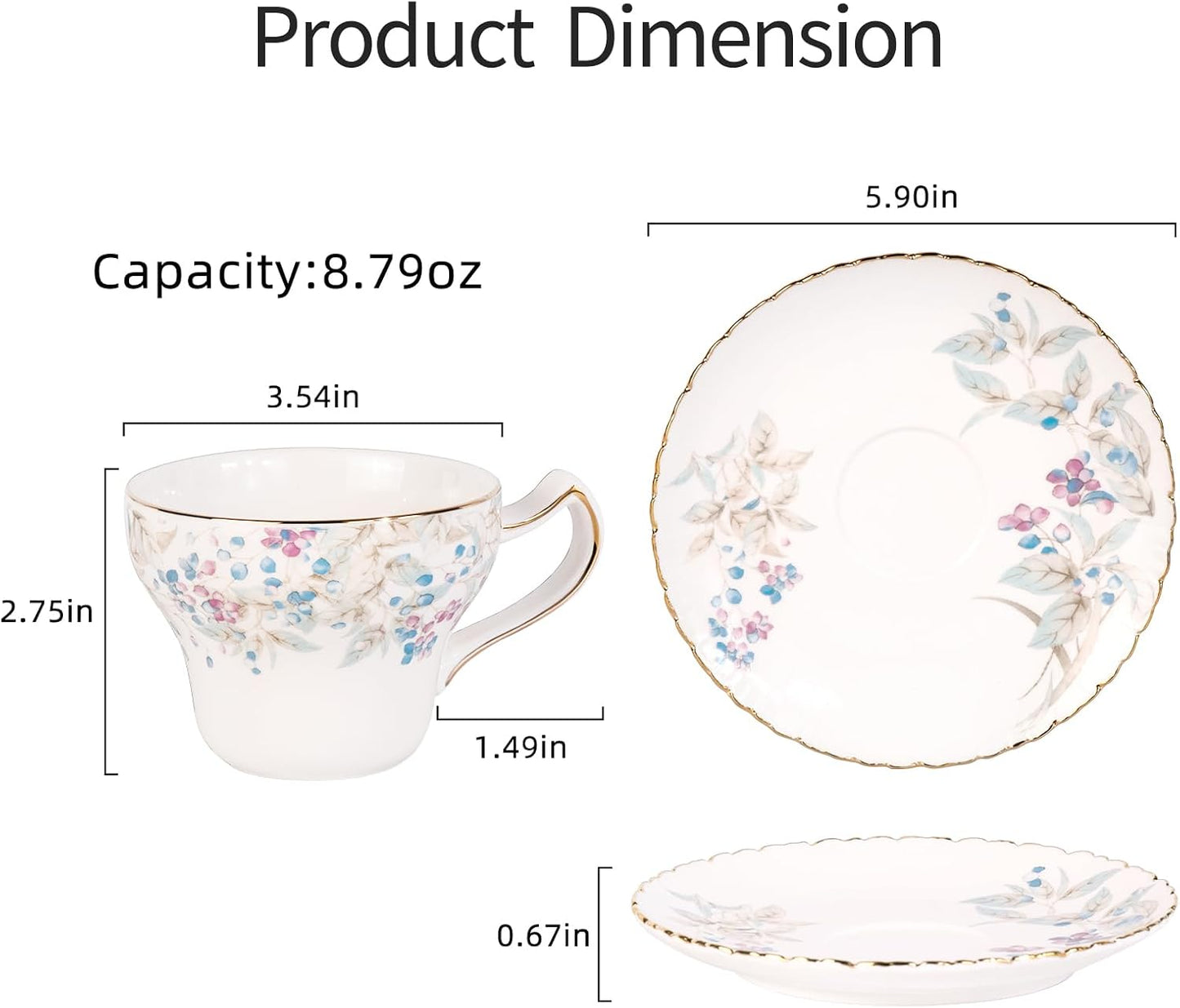 KAMMAK Tea Cups and Saucers Set of 2, Reinforced Porcelain Coffee Cups, 7.4-Ounce Stackable Espresso Mugs, Ceramic Demitasse for Coffee, Cappuccino, Latte, Americano, Tea, Lilac + Colorful