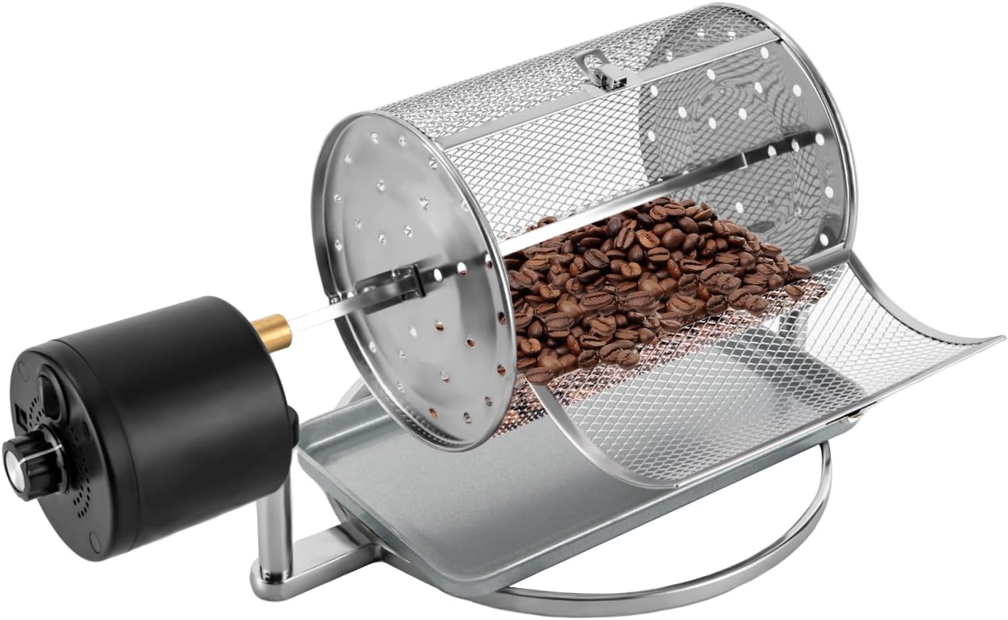 Coffee Roaster Machine for Home Use, Stainless Steel 14W Electric Coffee Roaster Machine with Tray, Speed Adjust, Auto-matic Nuts Coffee Bean Roaster Drum for Homes, Cafes, Hotels Silver