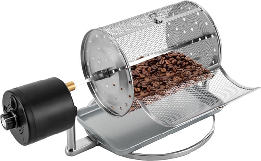 Coffee Roaster Machine for Home Use, Stainless Steel 14W Electric Coffee Roaster Machine with Tray, Speed Adjust, Auto-matic Nuts Coffee Bean Roaster Drum for Homes, Cafes, Hotels Silver