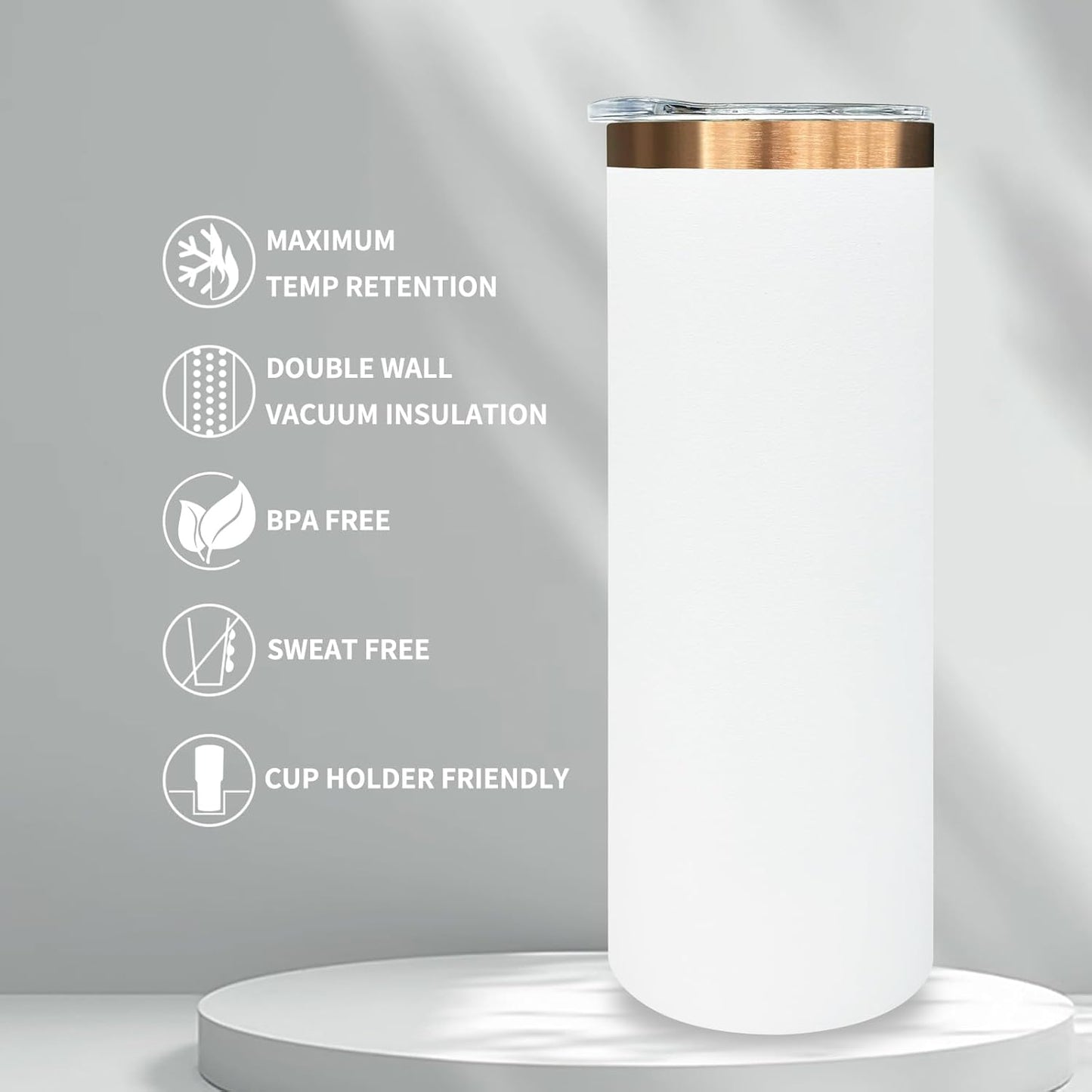 20 oz Skinny Tumblers Bulk, Stainless Steel Insulated Tumbler with Lids and Straws, Slim Double Wall Powder Coated Travel Coffee Mugs, Reusable Cup for Hot and Cold Drinks (White,1 pack)