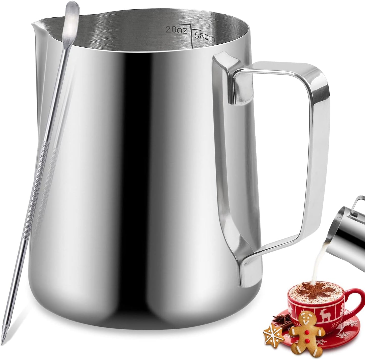 Espresso Milk Frothing Pitcher, 20OZ/600ML Stainless Steel Milk Frother Cup with Decorating Art Pen for Espresso Machine