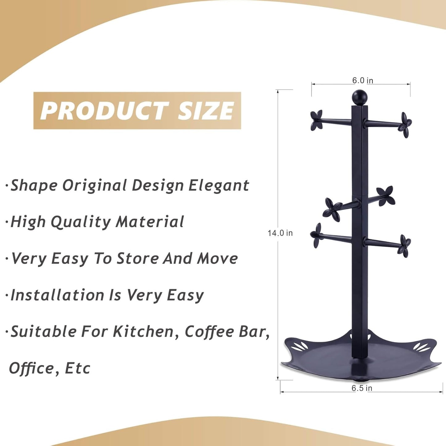Coffee Mug Holder for Countertop, Cup Holder with 6 Hooks, Mug Stand for Counter, Coffee Bar Accessory, Mug Tree Station Organizer, Black