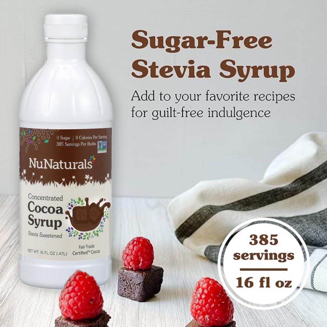 NuNaturals Stevia Syrup, Sugar-Free Sweetener, Plant-Based Sugar Substitute, Zero Calorie, Chocolate Flavor Syrup, 16 oz