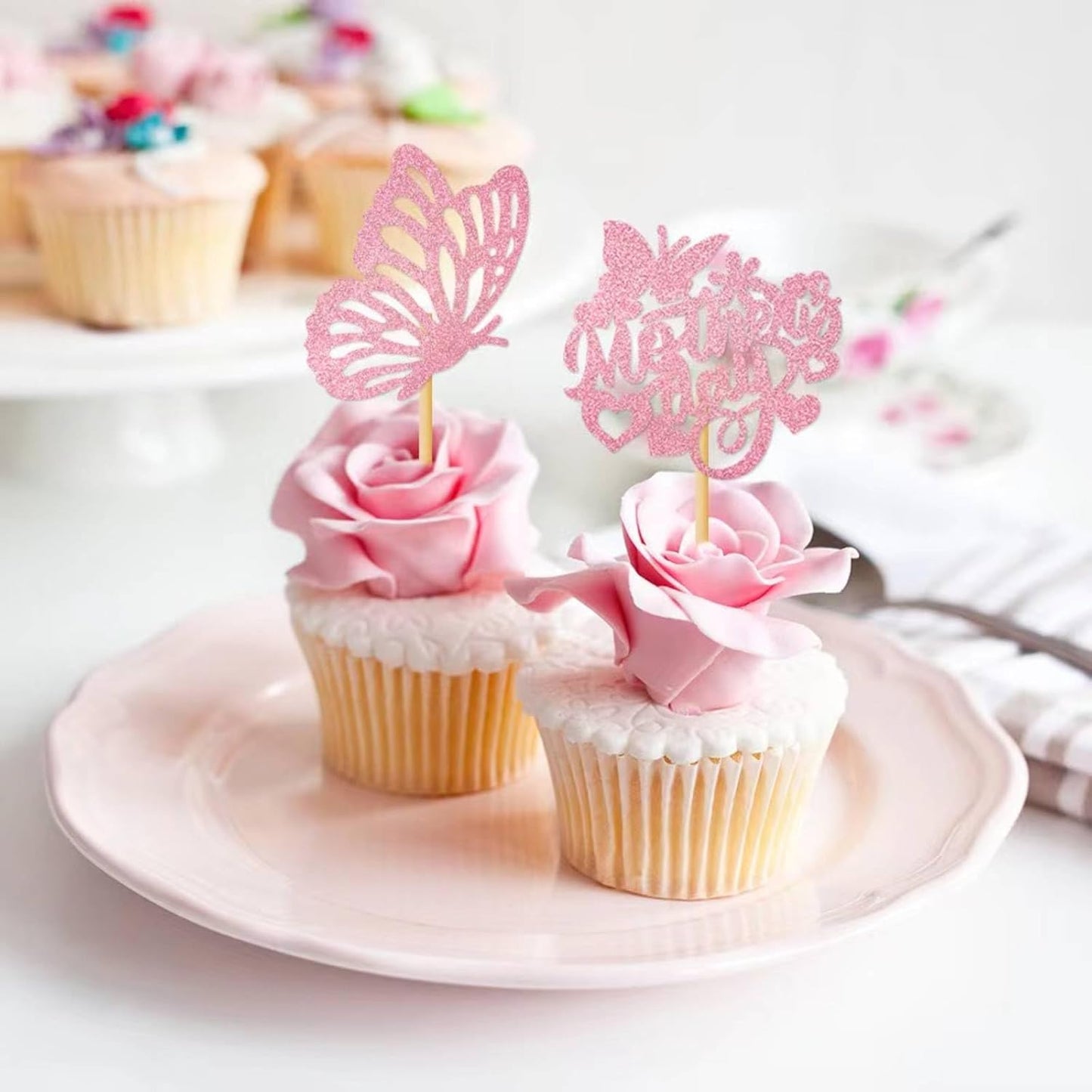 12Pcs Birthday Cupcake Toppers,Pink Glitter Cake Toppers Butterfly Cupcake Picks for Coquette Theme Party Decoration Engagement Wedding Baby Shower Party Cupcake Decor