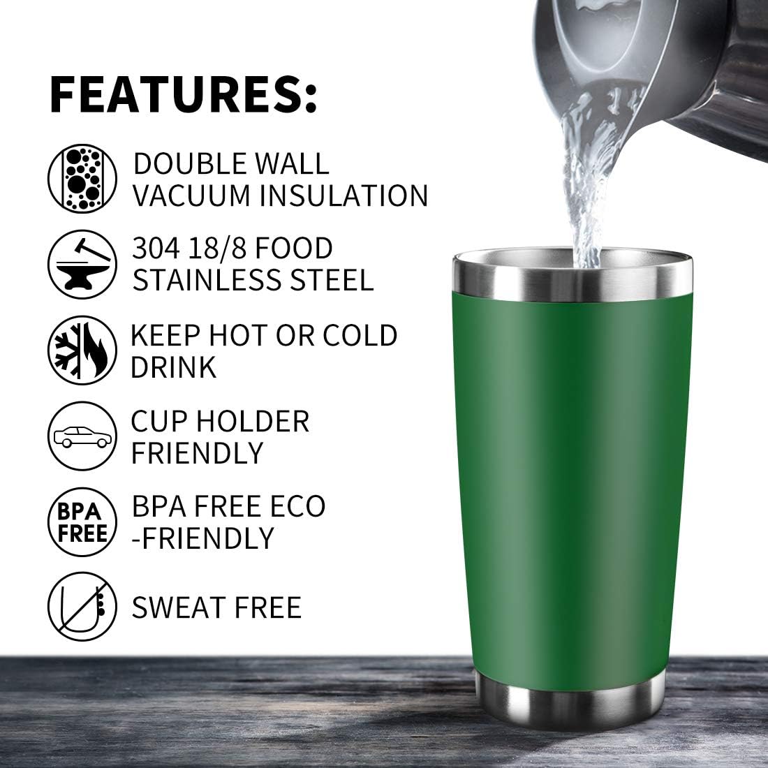 20oz Tumbler Bulk Stainless Steel Vacuum Insulated Tumblers with Lid Double Wall Travel Mug, Powder Coated Coffee Cup, Suitable for Ice Drinks and Hot Beverage (Dark green 1pack)