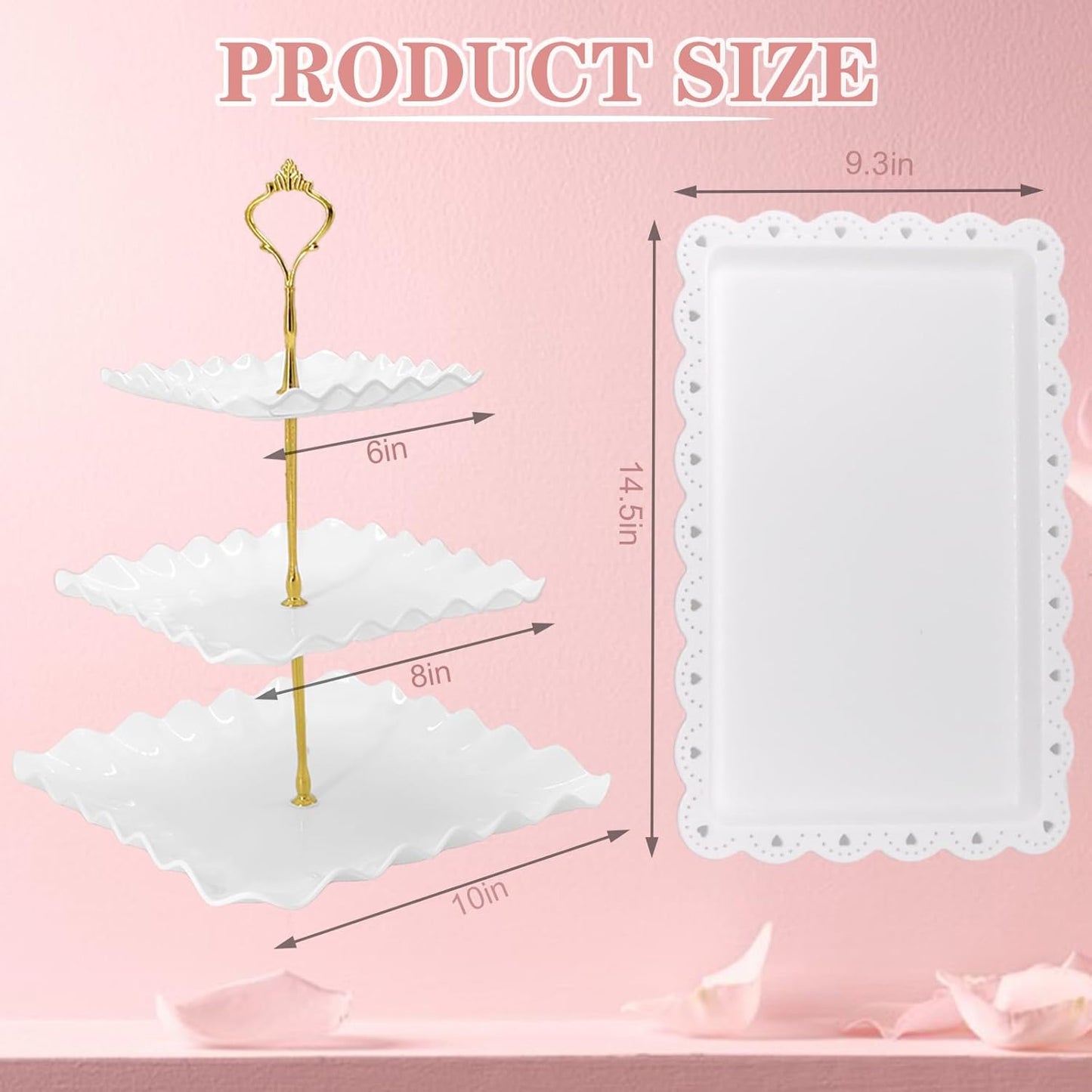 5 Pcs Dessert Table Display Set, White Plastic 2 Pcs Square 3 Tier Cupcake Stand Cup Cake Tower Stand with Metal Rod & 3 Pcs Serving Tray for Baby Shower, Tea Party, Wedding, Birthday Party