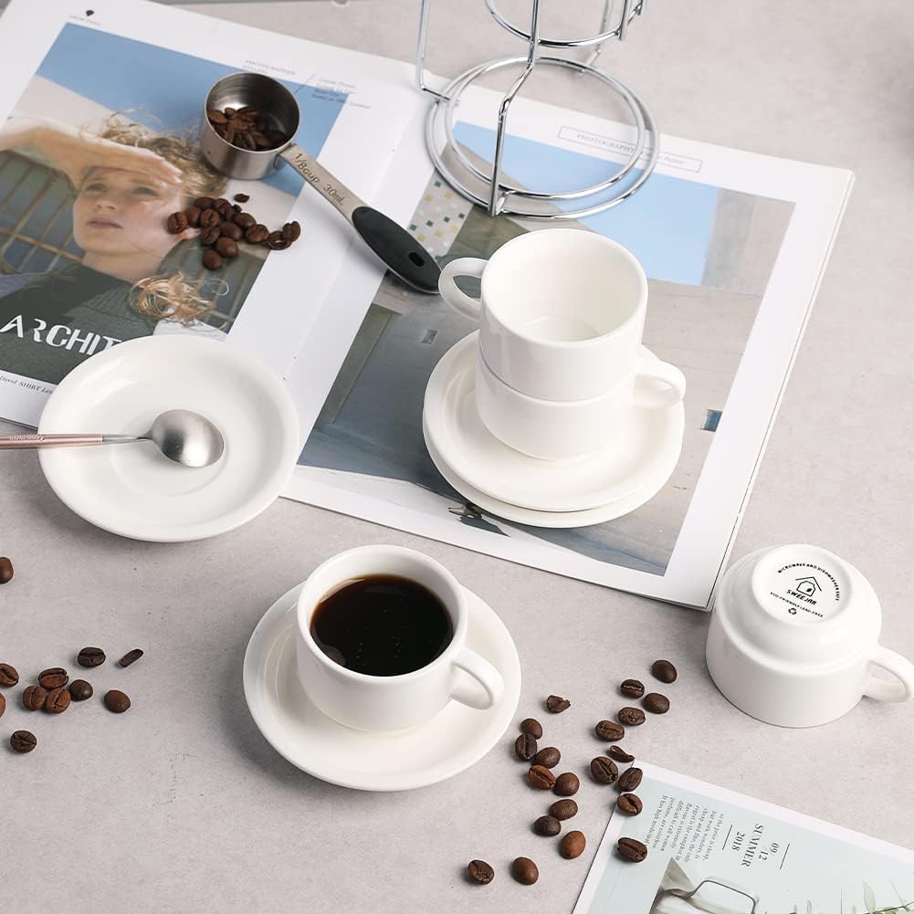 Sweejar Porcelain Espresso Cups with Saucers, 2.5 Ounce Stackable Cappuccino Cups with Metal Stand for Coffee Drinks, Latte, Tea - Set of 4 (White)