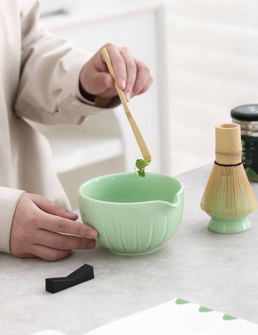 TANG PIN Matcha Set - Match Bowl with Spout and Whisk, 15 OZ, Matcha Scoop | Matcha Whisk Stand (Chasen Holder) - 4pc Perfect Matcha Kit for Matcha Tea Ceremony (Green)