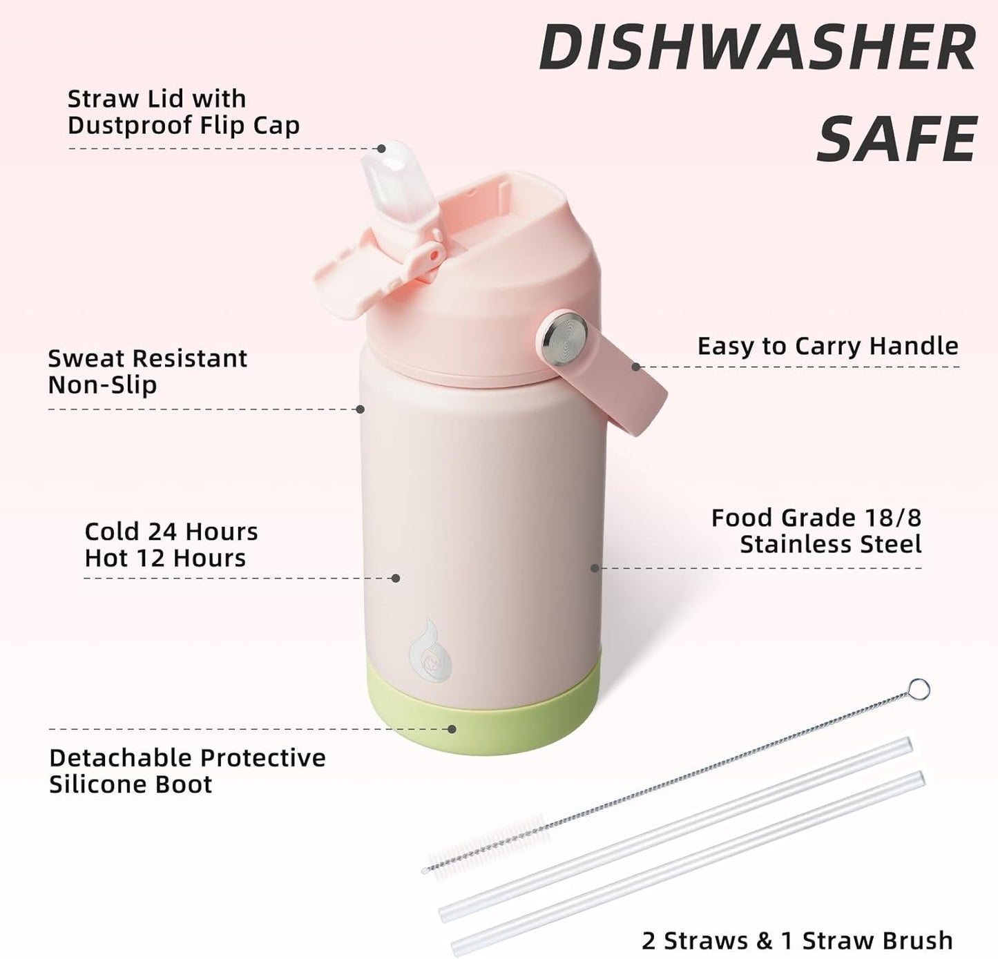 BJPKPK Insulated Water Bottle with Straw Lid, 12oz Thermos Water Bottles, Flex Handle & Non-slip Boot, BPA Free Leak Proof Stainless Steel Metal Thermos, Tumblers, Cups,Pearl Pink