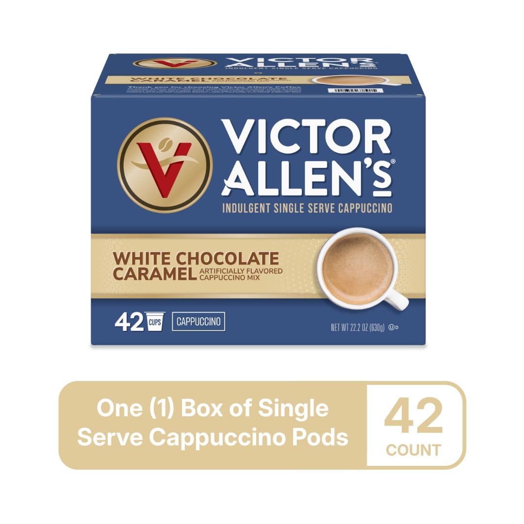 Victor Allen's Coffee White Chocolate Caramel Flavored Cappuccino, 42 Count, Single Serve Cups for Keurig K-Cup Brewers
