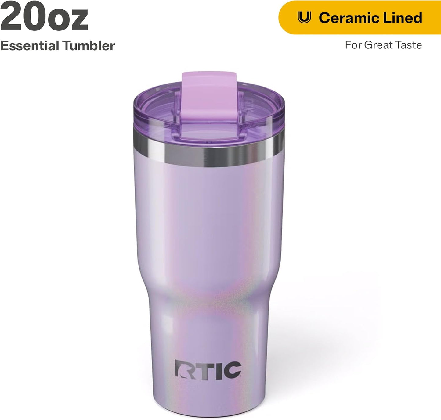 RTIC 20oz Essential Tumbler with Lid, Insulated, Stainless Steel, Metal, Double Wall Vacuum-Insulation, Ceramic Lined, Travel Cup for Iced Coffee, Tea, Hot and Cold Drink, Lavender Glitter