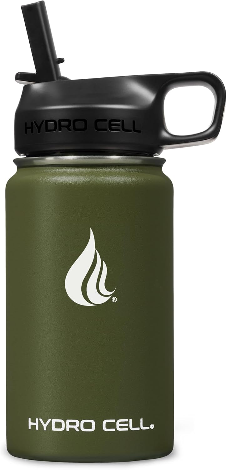 HYDRO CELL Stainless Steel Insulated Water Bottle with Straw - For Cold & Hot Drinks - Metal Vacuum Flask with Screw Cap and Modern Leakproof Sport Thermos for Adults (Army 14oz)