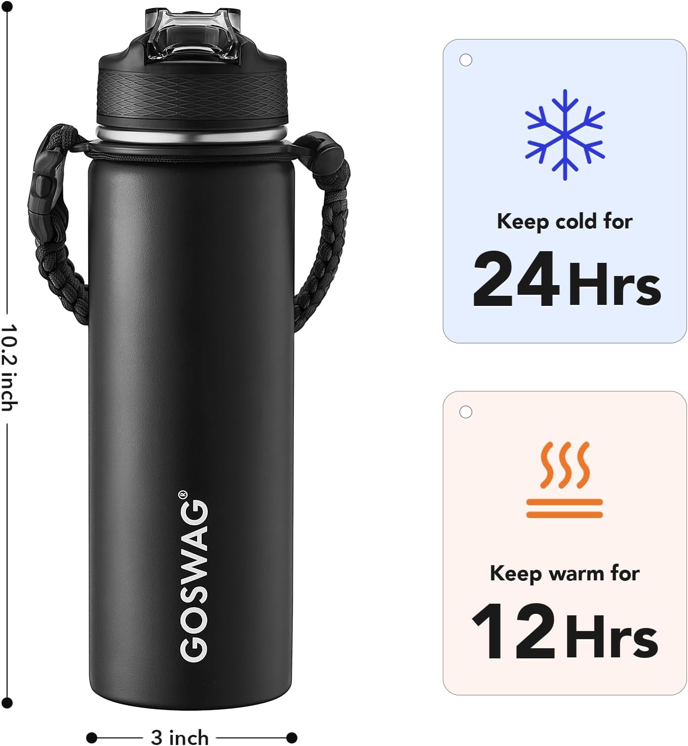 GOSWAG Insulated Sports Water Bottle, 24oz 2 Lids(with Straw/No Straw), Stainless Steel Water Bottles with Paracord Handle, Insulated Bottle with Double-Wall Vacuum Insulation