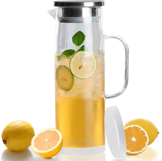 hjn Glass Pitcher with Lid Glass Water Carafe with Handle, Fridge Water Jug Cold or Hot Beverages, Iced Tea, Milk, Juice 1500ml/51oz & aluminum lid