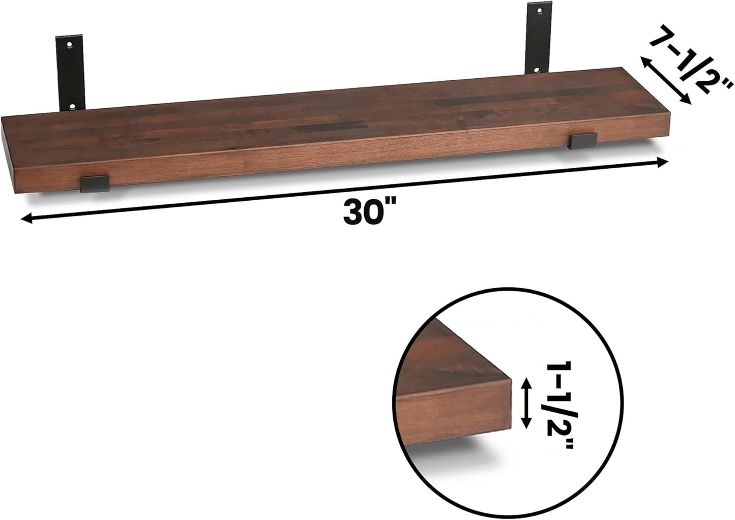 CONSDAN Floating Shelf for Wall Mounted Book Shelf Hanging Shelves Floating Bookshelf for Bedroom, Bathroom, Living Room, Kitchen USA Grown Solid Hardwood, Dark Maple 30x7.5x1.5 in