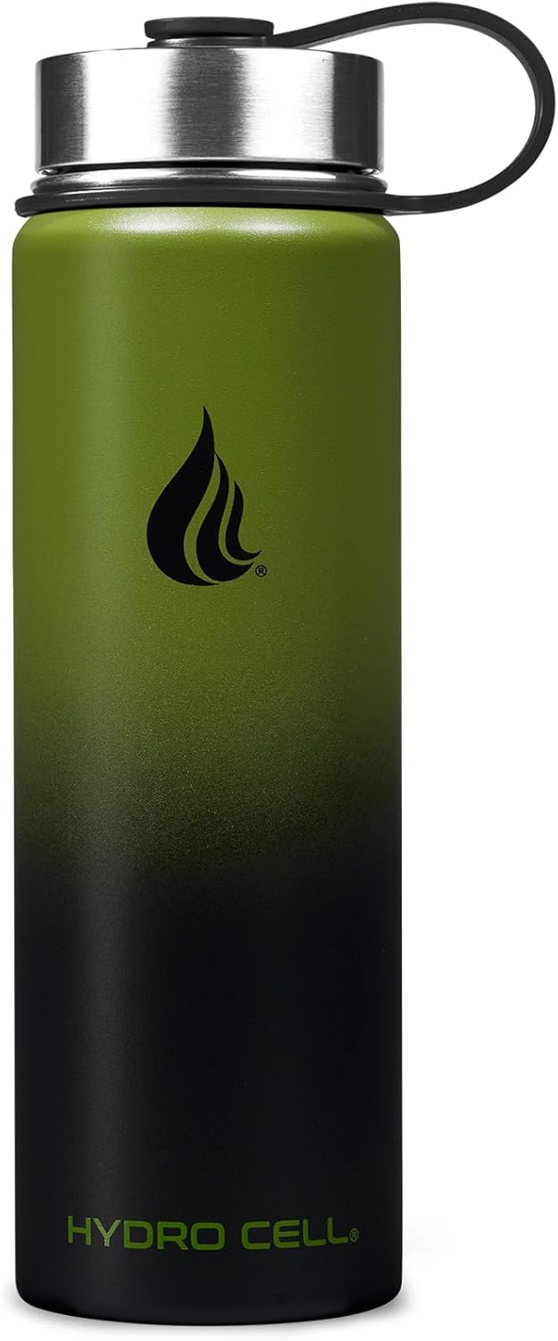 HYDRO CELL Stainless Steel Insulated Water Bottle with Straw - For Cold & Hot Drinks - Metal Vacuum Flask with Screw Cap and Modern Leakproof Sport Thermos for Adults (Army/Black 24oz)