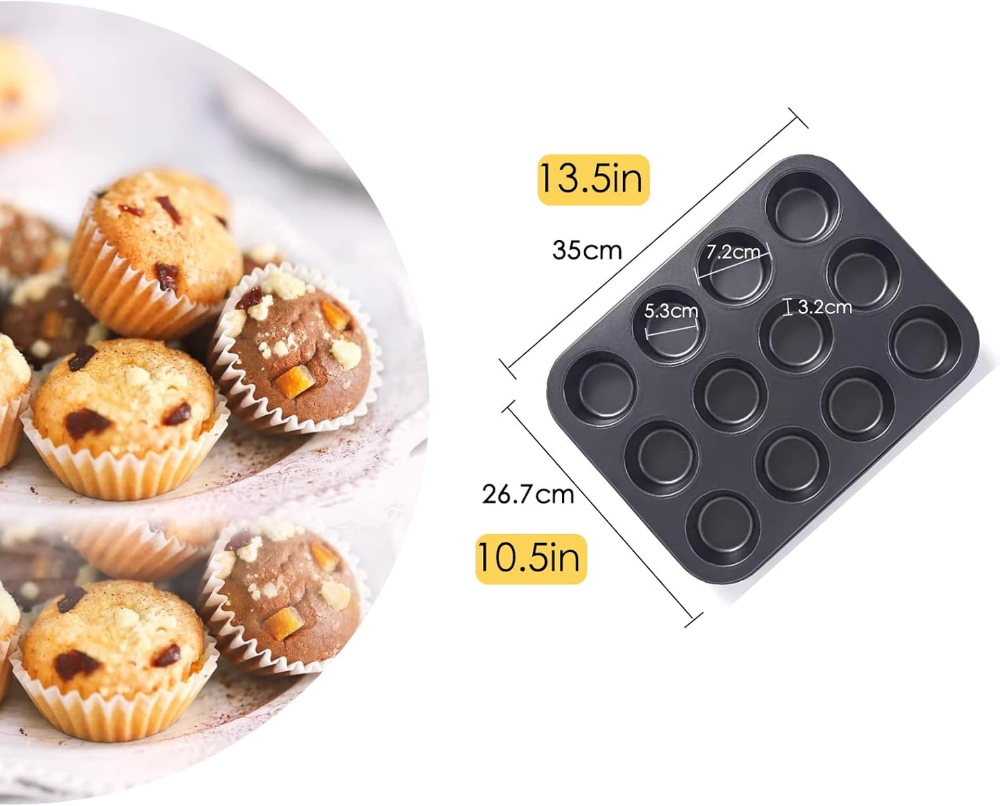 2 Packs Nonstick Round Muffin Baking Pan Tin, 12-Cup Muffin Tin, Cupcake Pans, Cheesecake Pans, Carbon Steel, Black