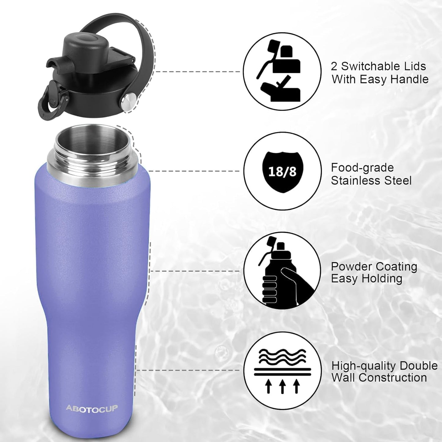 32oz Black Water Bottle Stainless Steel, Keep Cold 24H&Hot 12H, Water Bottle with Straw&Spout Lids, Insulated Water Bottle Double Wall Vacuum, Fit in Any Car Cup Holder, Leak-proof BPA Free