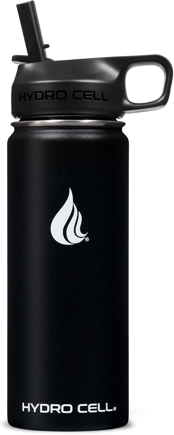 HYDRO CELL Stainless Steel Insulated Water Bottle with Straw - For Cold & Hot Drinks - Metal Vacuum Flask with Screw Cap and Modern Leakproof Sport Thermos for Adults (Black 18oz)