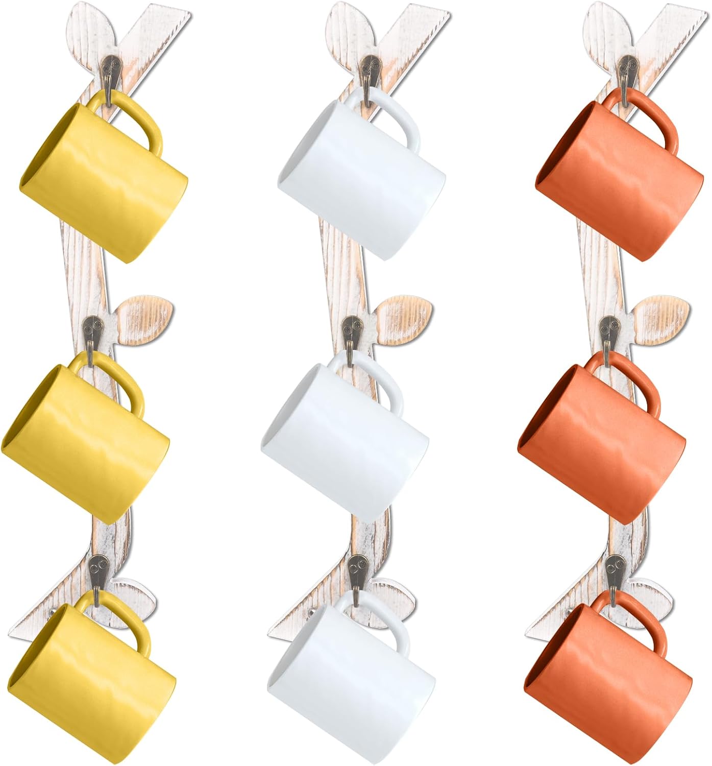 3 Pack Wood Coffee Mug Wall Rack with 9 Hooks Wall Mount Coffee Cup Holder White Espresso Cup Display Stand Tea Cup Hanger Display Wall for Kitchen Cafe Bar