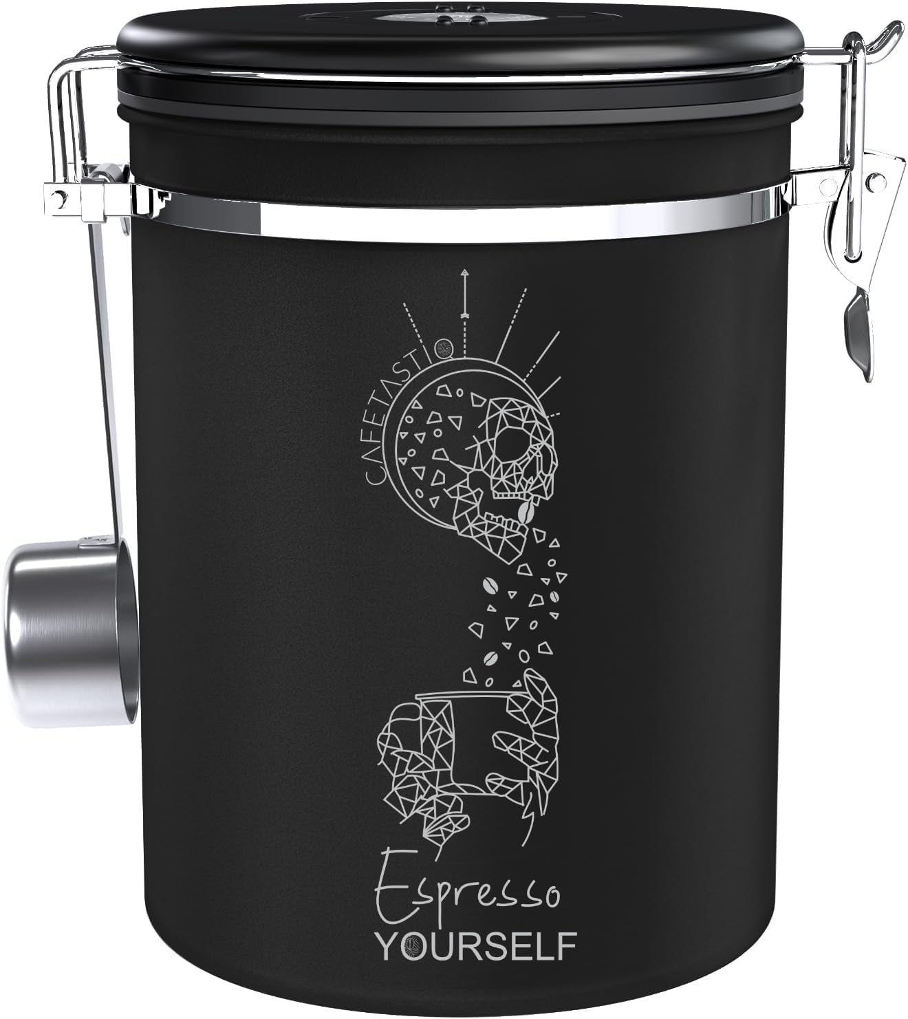 Coffee Canister – Airtight Stainless Steel Storage Container with Date Tracker & Scoop, Sealed Jar for Grounds, Beans, Tea, Flour, Cereal, and Sugar (Black Esspresso, 22OZ)