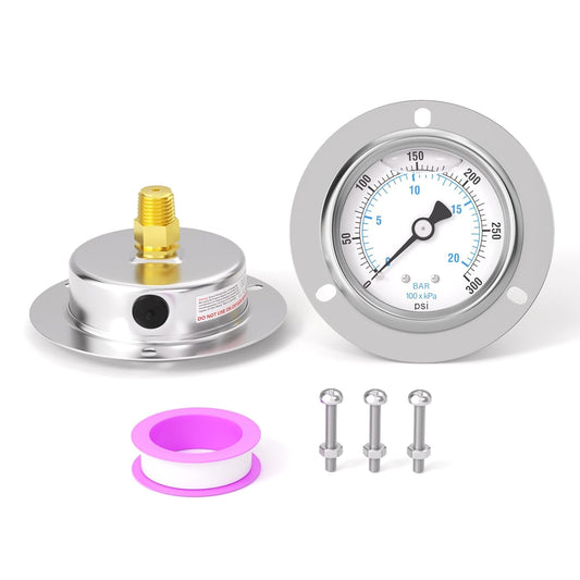 0-300PSI Panel Mount Front Flanged Glycerin Filled Pressure Gauge, 2.5" Dial Size, 1/4" MNPT Back Mount, Stainless Steel Case, with Phillips Screw and Nut, for Water, Gas, Liquid Pressure