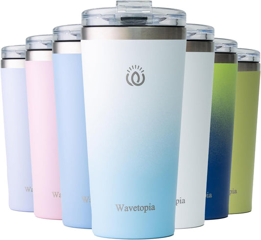 Insulated Coffee Mug with Lid, Reusable Stainless Steel Travel Coffee Cup, 16 Oz Double Wall Vacuum Spill Proof Tumbler Cups for Men and Women Hot & Cold Drinks（Sky）