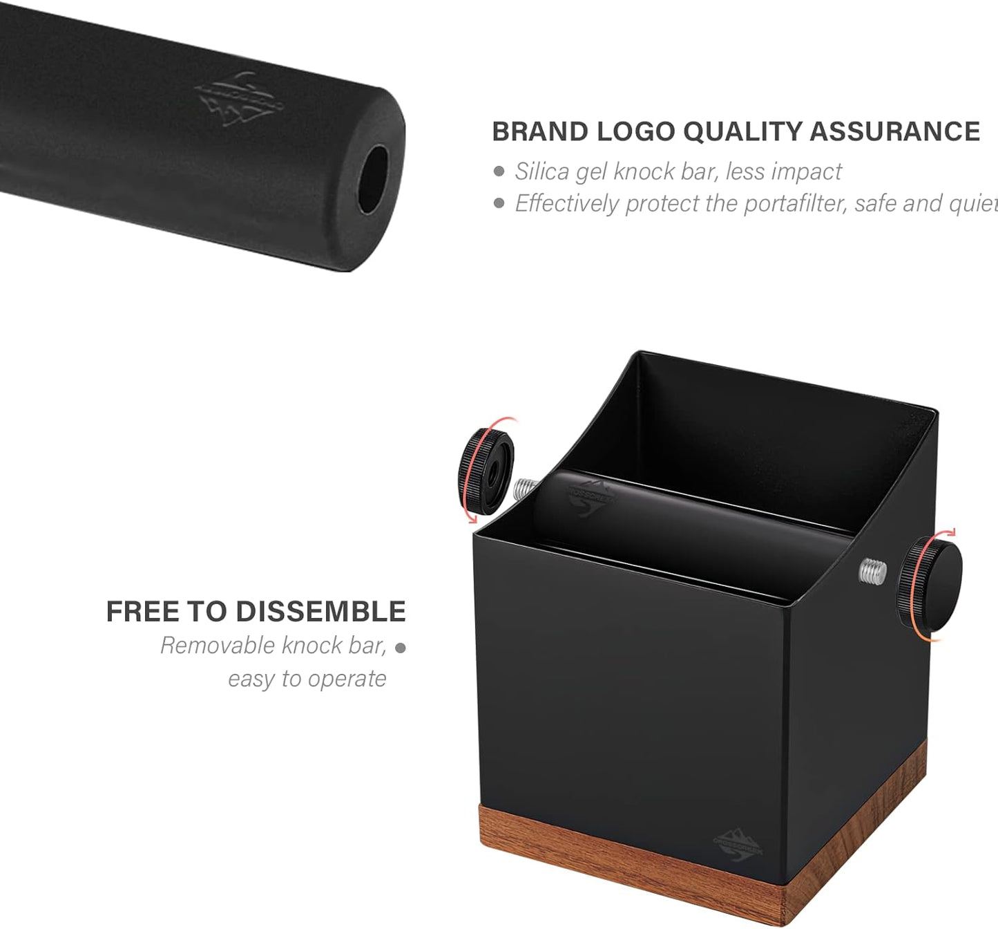CrossCreek Coffee Knock Box | 2.5L Large Espresso Grounds Container | Metal & Walnut Wood | Removable Silicone Knock Bar & Non-Slip Base | Espresso Accessories for Coffee Bar | Black