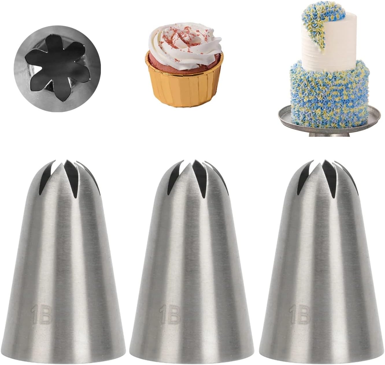 1B Piping Tip,Extra Large Drop Flower Tip 1B,1B Frosting Tip for Cake Decorating,3 Pcs