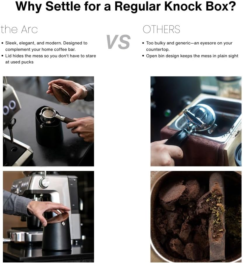 CREMA Coffee Products Arc Knock Box | Holds 12–16 Espresso Pucks| Durable,Stain-ResistantBuild withNon-Slip Base|Elegant WalnutPlastic Lid Design| EasyClean-Up &Moisture Control|Black Finish