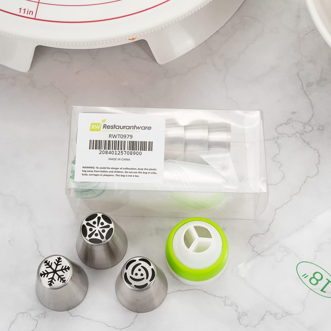 Restaurantware Pastry Tek Russian Piping Tips Set 21 Piece Durable Cake Decorating Kit - 10 Piping Tips 10 Piping Bags Stainless Steel Piping Bags And Tips Set 1 Tri-Color Coupler