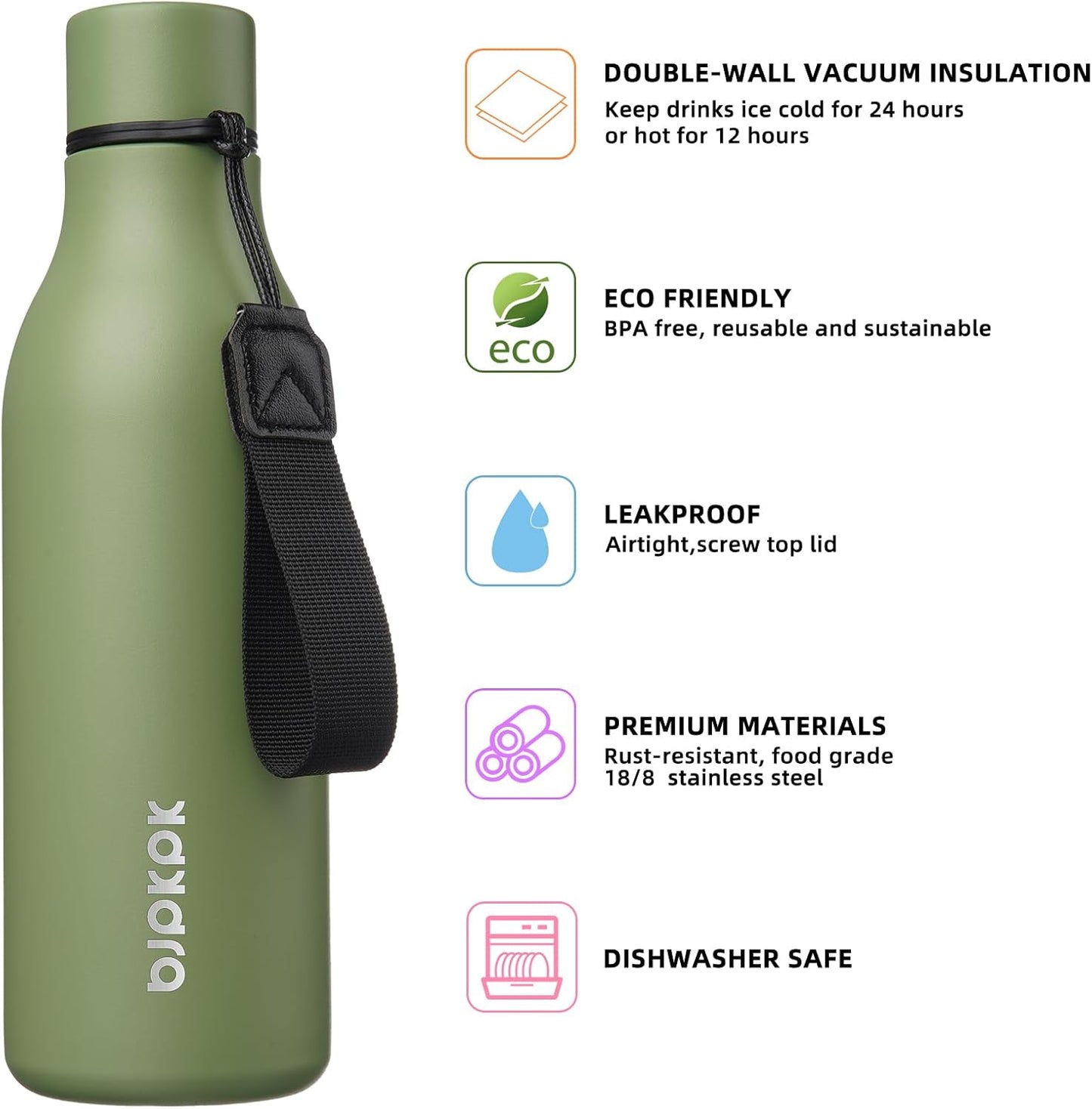 BJPKPK Insulated Water Bottles, 18 oz Stainless Steel Metal Water Bottle with Strap, BPA Free Leak Proof Thermos, Mugs, Flasks, Reusable Water Bottle for Sports & Travel, Forest Green
