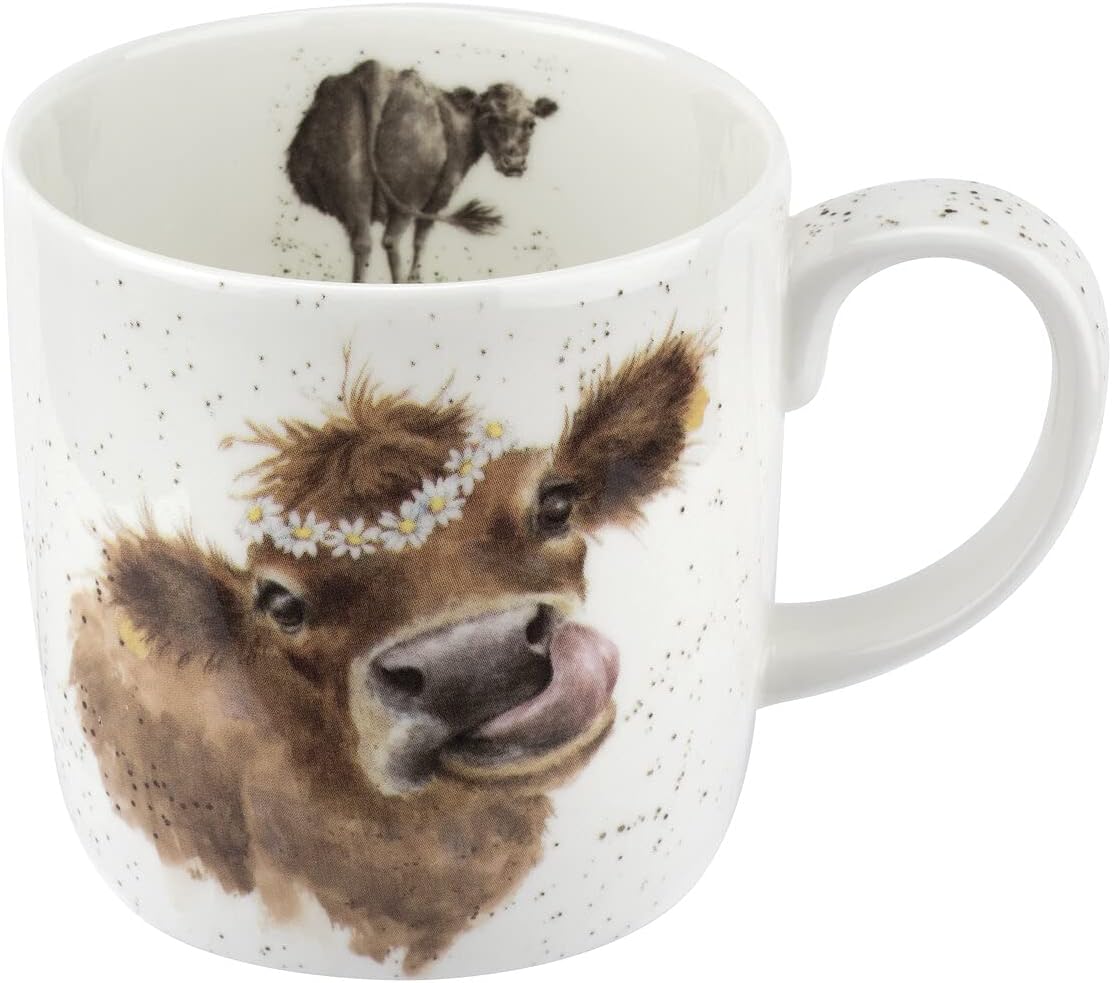 Royal Worcester Wrendale Designs 14 oz Mug, Daisy Chain with Cow Illustration - Floral Animal Mug for Cottagecore Kitchens - Microwave, Dishwasher, Freezer Safe Fine Bone China Drinkware