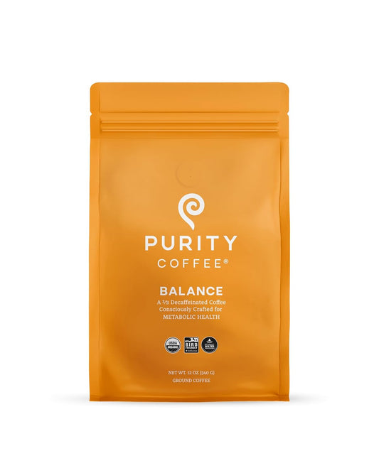Purity Coffee BALANCE 2/3 Decaf Medium Roast Ground Coffee (12oz Bag) - Specialty-Grade Mountain Water Processed Decaf + Regular Arabica Blend- USDA Certified Organic Decaffeinated - Third Party Tested for Mold, Mycotoxins, Pesticide Residue