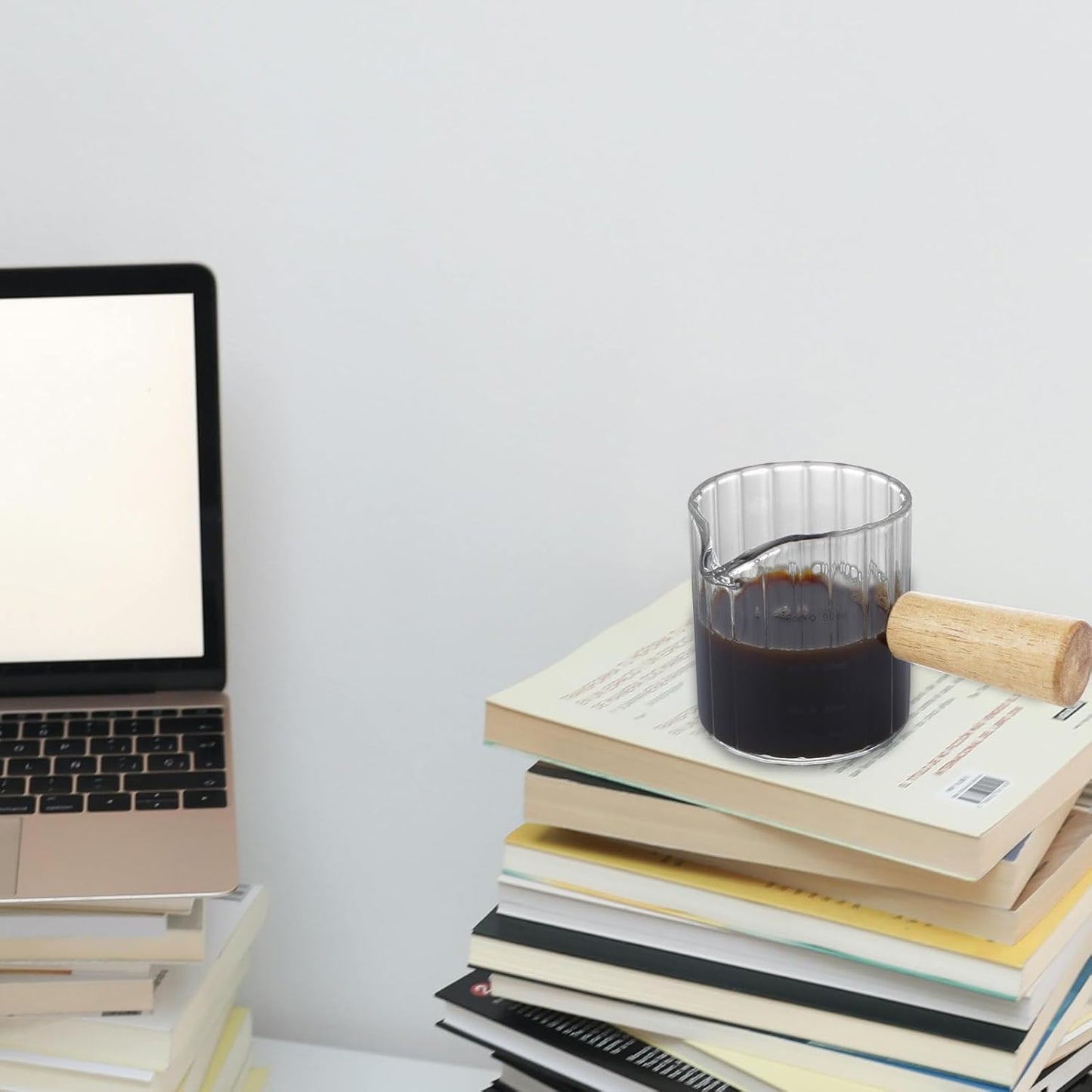 Espresso Measuring Cup 3 Oz, Espresso Glass Cups with Wood Handle, Milk Frothing Cup, Espresso Cup for Coffee, Milk, Tea or Maple Syrup Serving