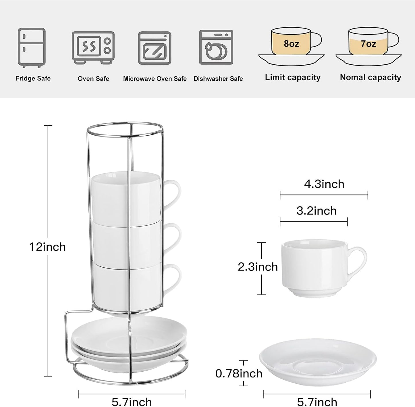 8 Ounce Porcelain Cappuccino Cups with Saucers and Silver Stand, White Cups Set of 4