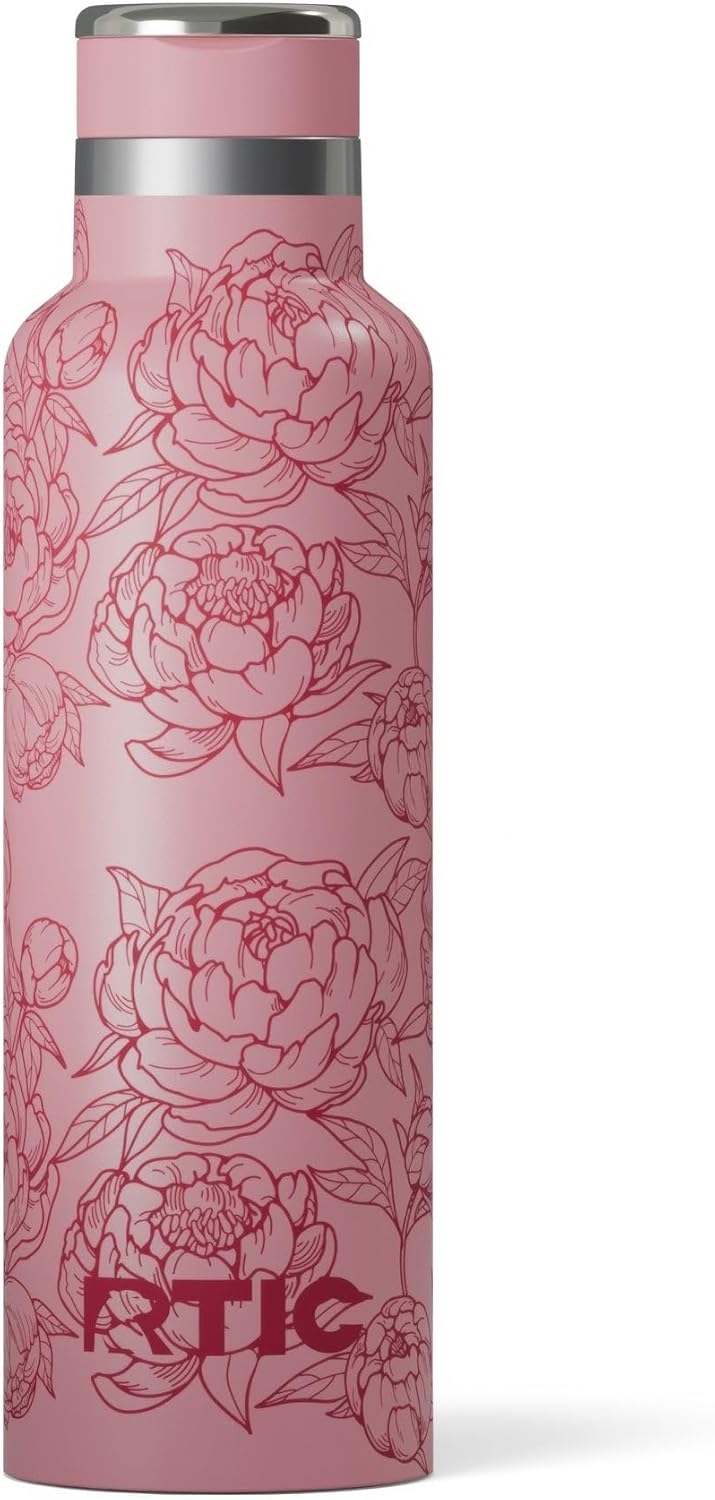 RTIC 20oz Journey Bottle Metal Stainless Steel Vacuum Insulated, BPA Free, Reusable, for Water, Hot and Cold Drinks, Travel, Sports, Camping, Pink Peonies