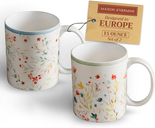 Maison d' Hermine Coffee Mug with Handles Fine Bone China Mugs Pack of Two Tea Cups for Hot Beverages Cappuccino Latte Home Restaurant Office Perfect for Gift (Colmar, 15 Ounce)