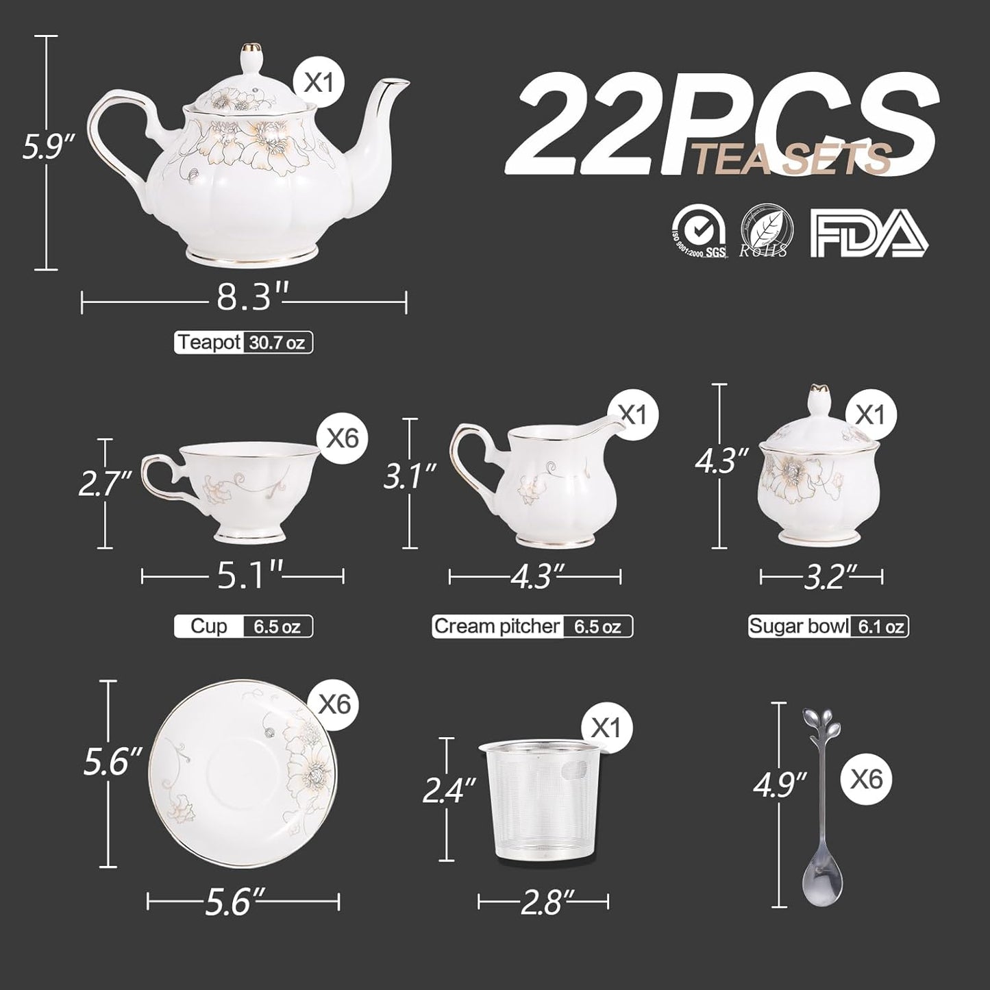 CHENP.HMC Tea Set 22-Piece Porcelain Ceramic Coffee Tea Gift Sets Cups Saucer Service for 6 Teapot Sugar Bowl Creamer Pitcher and Teaspoons (Chrysanthemum)