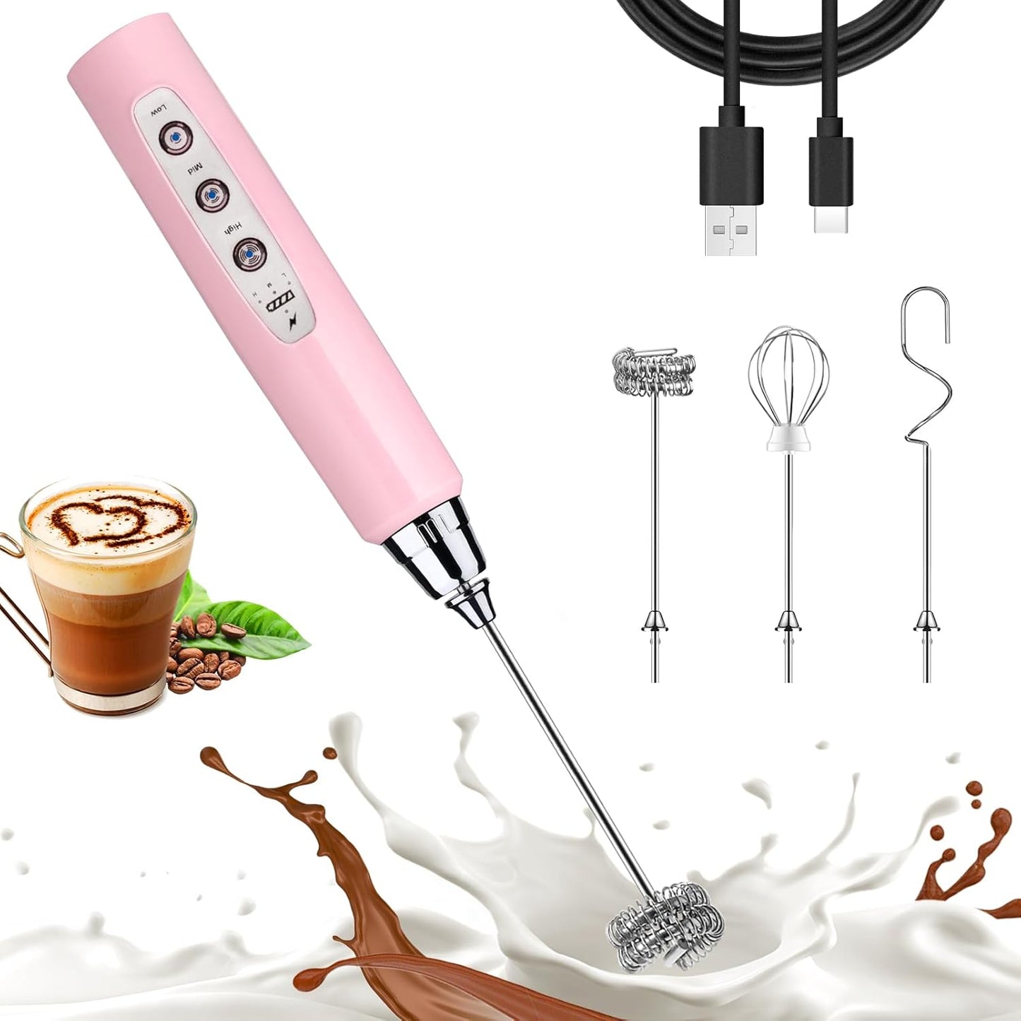 Nahida Pink Milk Frother Wand for Coffee, Frother Handheld Rechargeable Electric Whisk with 3 Heads 3 Speeds Drink Mixer Coffee Frother Foam Maker For Latte, Cappuccino, Hot Chocolate, Egg