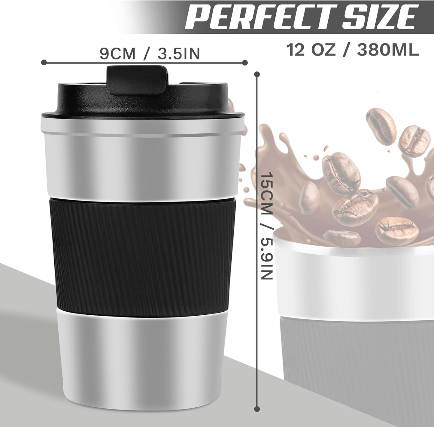 Vacuum-Insulated Stainless Steel Travel Coffee Mug, Leak-Proof Reusable Coffee Cup with Lid - Keep Hot & Cold Drinks for Hours, Durable Thermos Tumbler for Men & Women (3rd-Silver black, 12OZ)