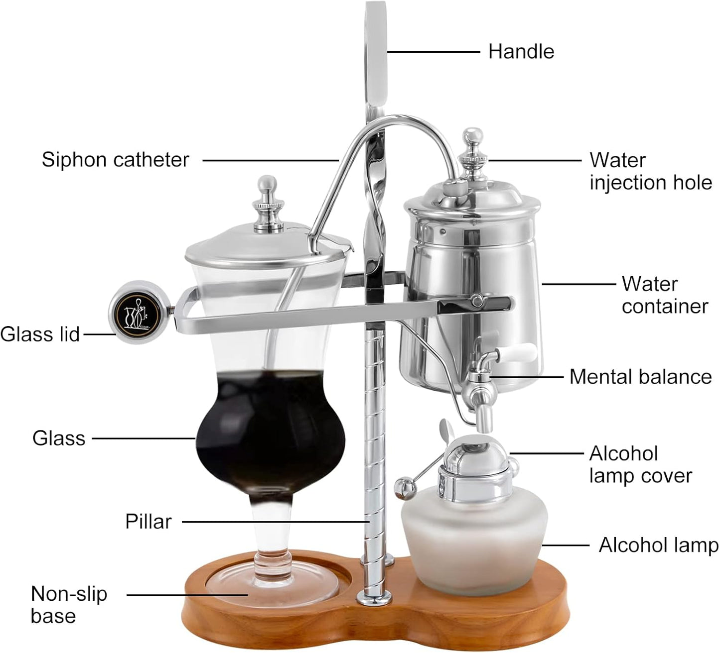 LOYALHEARTDY Vintage Siphon Coffee Maker, Belgian Luxury Syphon Coffee Machine with Royal Family Temperament, Silver Retro Royal Family Balance Siphon Coffee Maker Siphon Brewer Vintage Coffee Pot