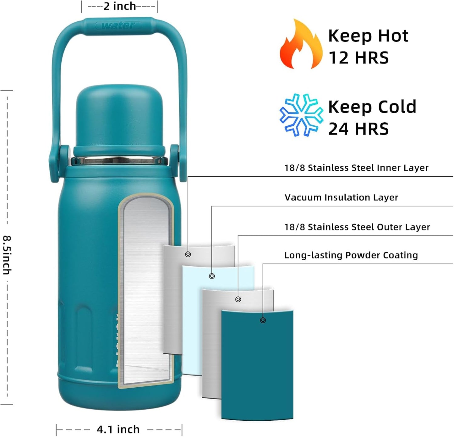 BJPKPK Insulated Water Bottle 27oz Stainless Steel Water Thermos with Handle and Cup Lid Travel Metal Thermos,Laguna