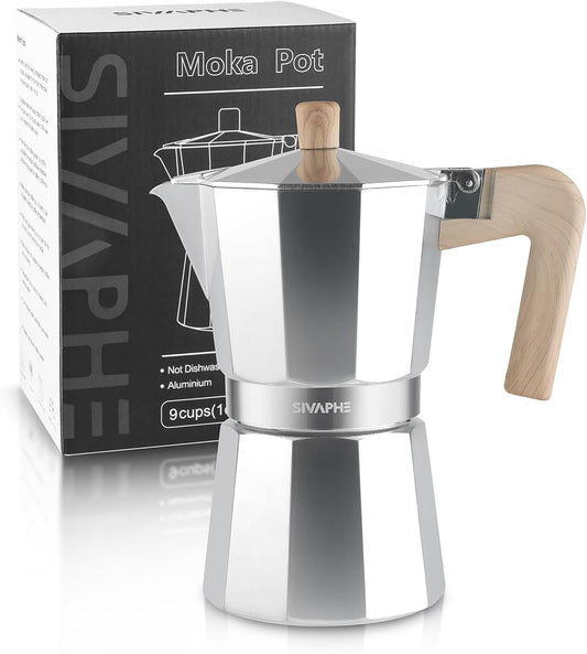 Sivaphe Aluminum Moka Pot 9 Espresso Cups, Percolator Espresso and Coffee Maker, Portable Stove top Italian and Cuban Café Brewer for Home and Camping Sliver