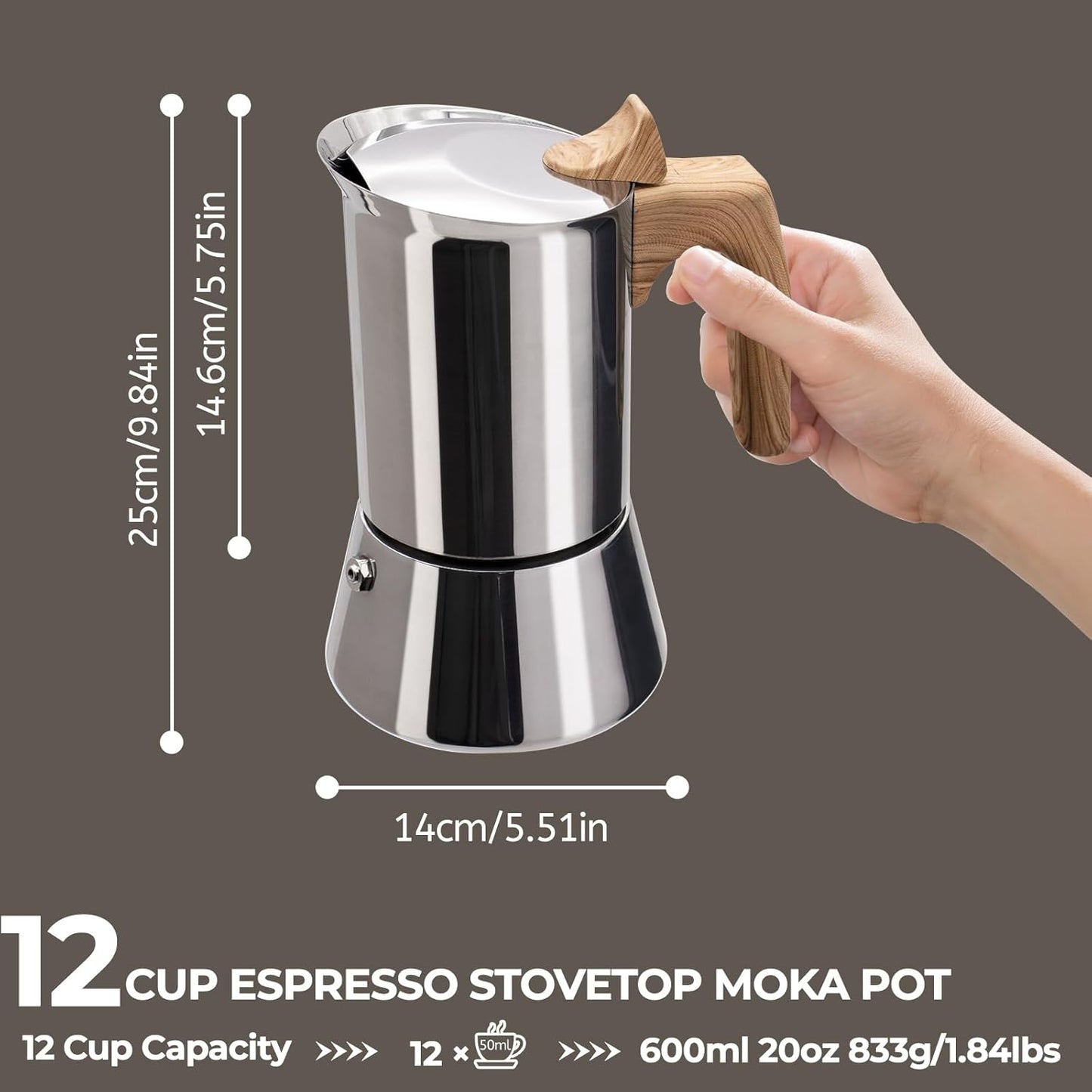 Uncoated 12 Cup Moka Pot 304 Thickened Stainless Steel Coffee Maker Stovetop Espresso Coffeemaker Italian Classic Style Brewing Greca Cafe Mocha Machine for Cafeteras Camping Travel Home 600ml 20oz