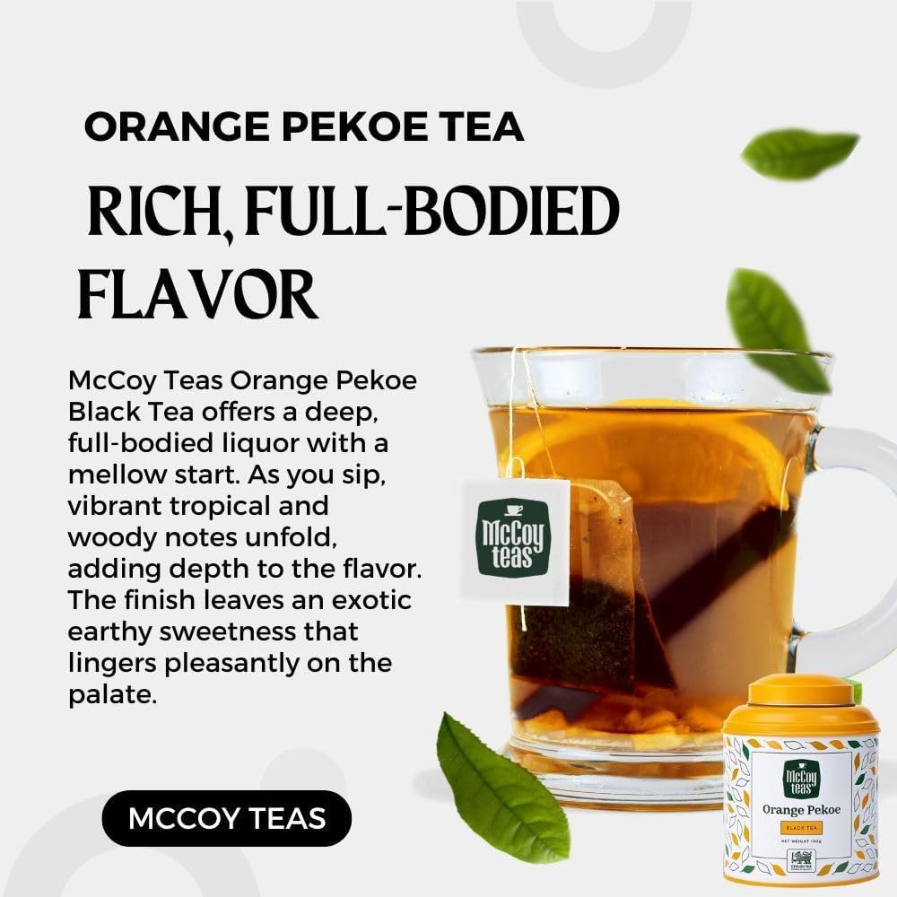McCoy Teas Orange Pekoe Black Tea Loose Leaf Tea with Rich Smooth and Aromatic Brew Make Hot or Cold Ice and Brews with Premium Tea from Sri Lanka, 100g Can (Pack of 01)