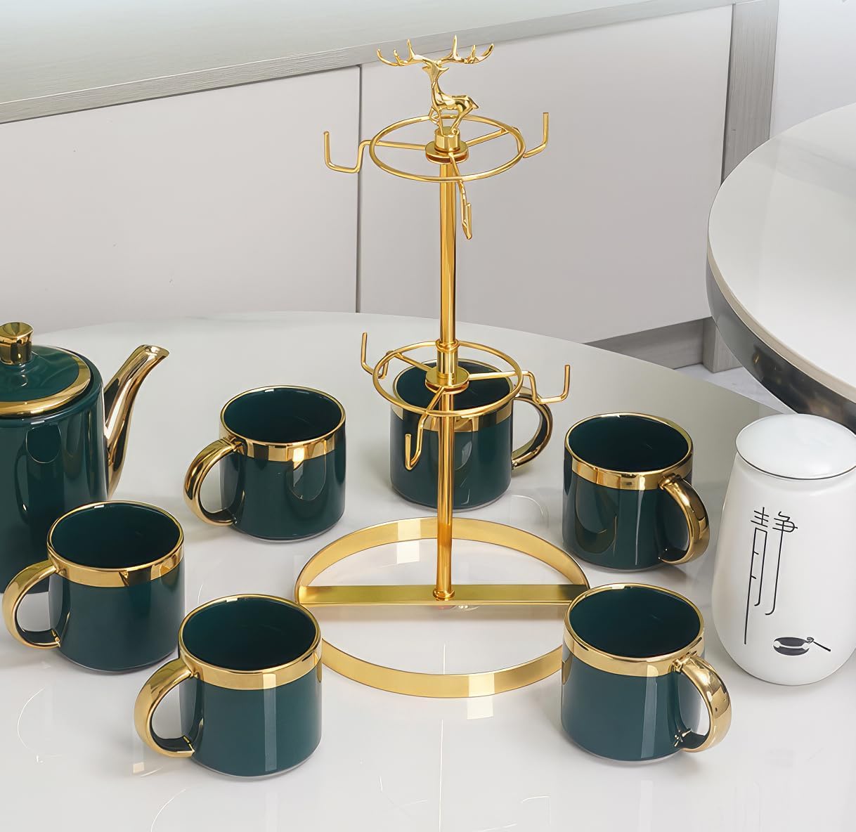 Coffee Mug Tree Holder for Counter,Double Tier Mug TeaCup Metal Holders Countertop,Coffee Mug Tea Cup Stand Rack for Counter Top 6 Hooks(Gold,Elk Deer)