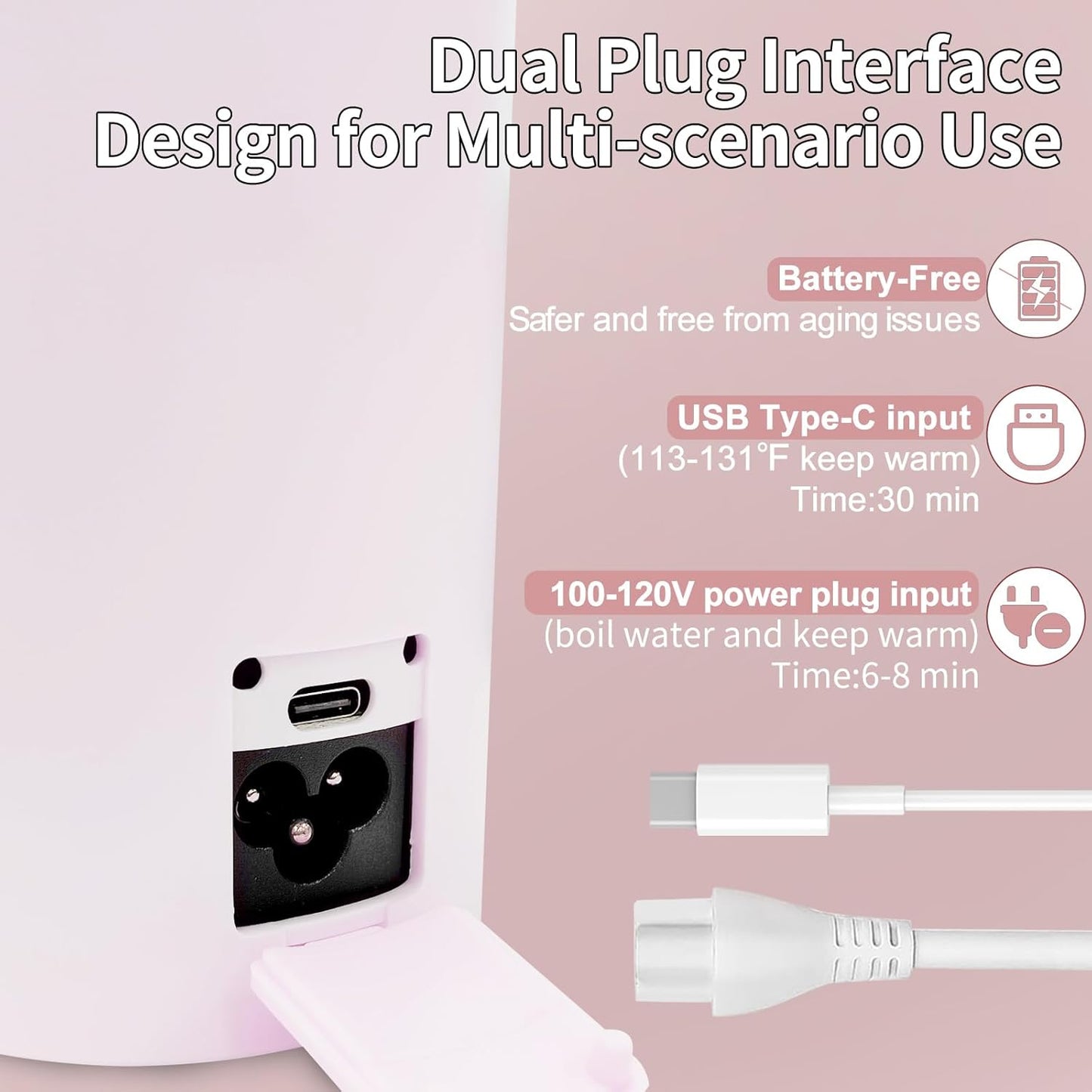 Travel Kettle Portable Electric Kettle with Plug-in Boiling & Keeps Warm via USB, Portable Water Boiler with 4 Temperature Settings, 304 Stainless Steel with Auto Shut-off 16oz(Pink)